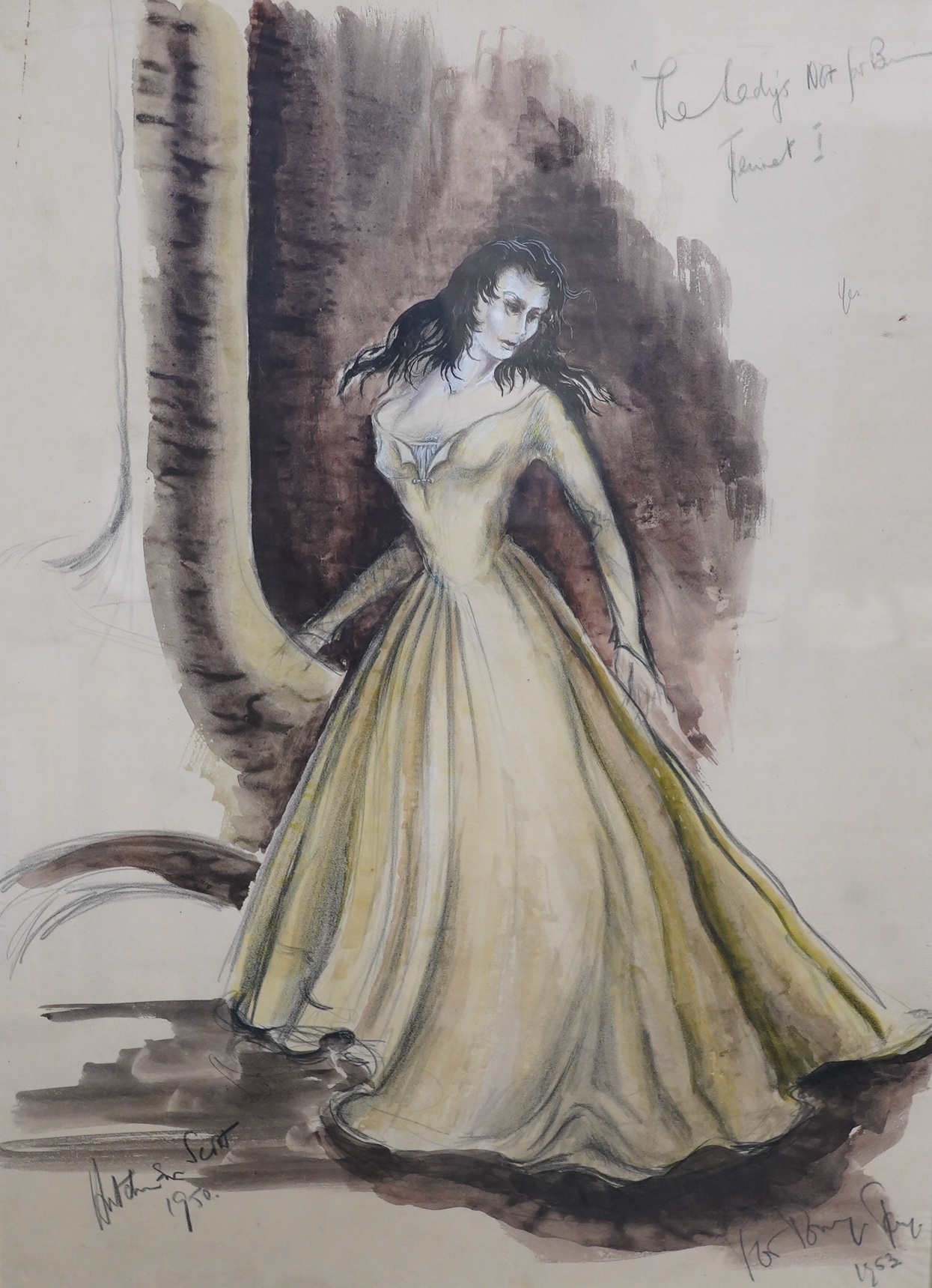 Hutchinson Scott (20th. C), two theatrical watercolours, fashion illustrations for costumes, each signed and dated 1950 and 1952, largest 55 x 44cm. Condition - fair to good